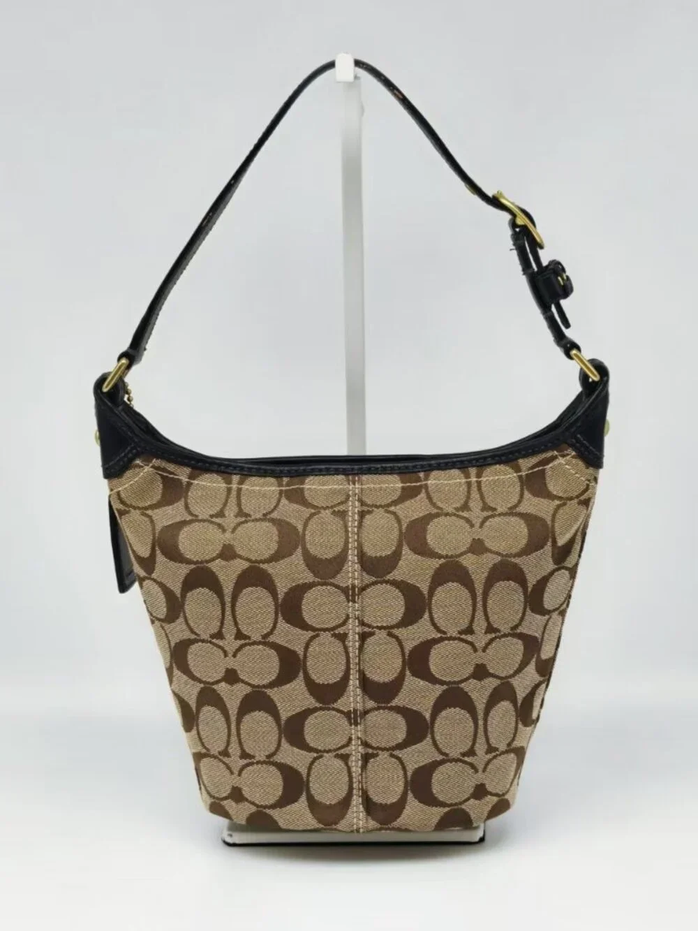 Coach Signature Canvas Shoulder Bag Brown Black Jacquard Zip Hobo Purse